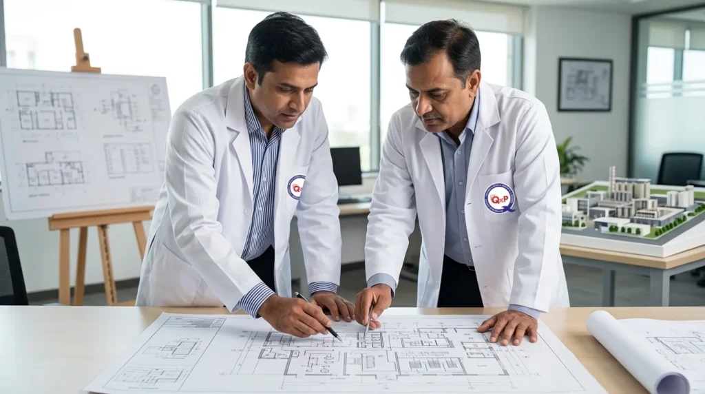 consultants reviewing pharma facility plans