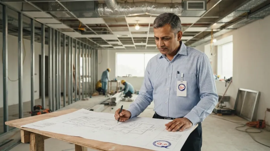indian pharma consultant reviewing clean room blueprints