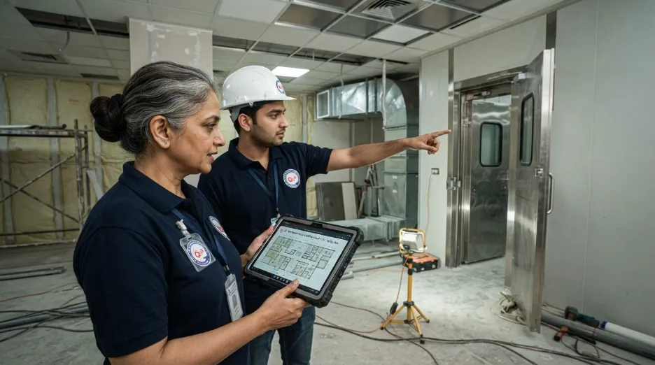 pharma consultants inspecting clean room construction