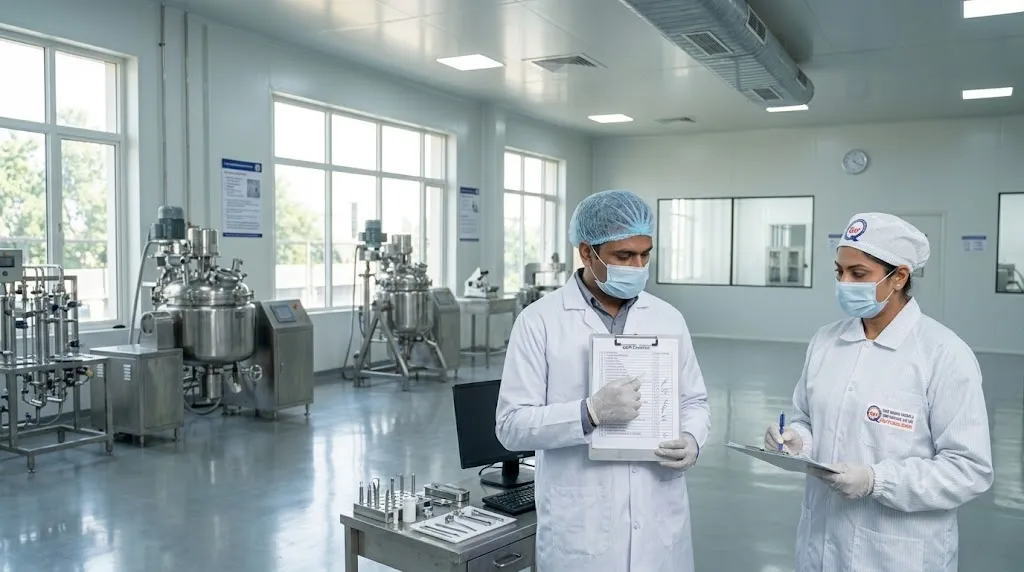 GMP compliance training session for pharmaceutical staff in an Indian clean room facility