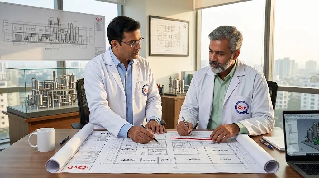 pharma consultants reviewing facility blueprints